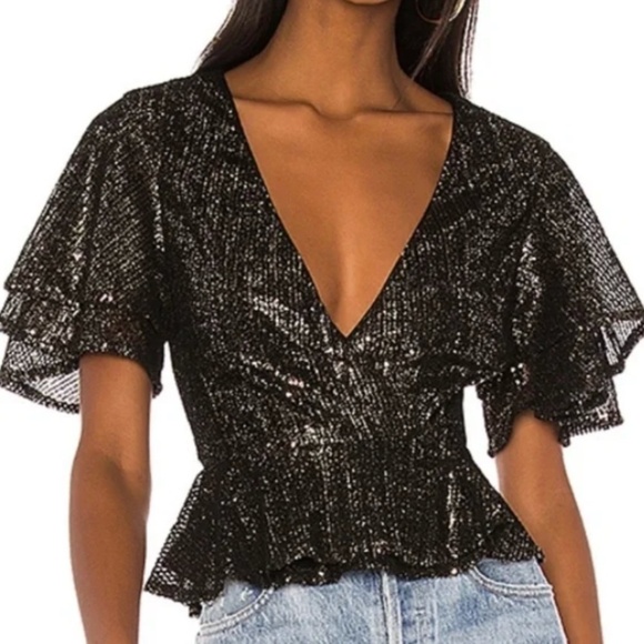 NWT House of Harlow 1960 X Revolve Sequin Suri Wrap Top Metallic - Picture 1 of 8